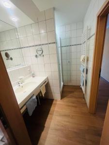 ein Bad mit einem Waschbecken und einem Spiegel in der Unterkunft Landhaus Schönfelder Hof in Hollfeld