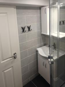 a bathroom with a white sink and a shower at Appartement Altstadt, Gasthaus Hirsch in Hirschhorn +22 photos