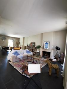 ein Wohnzimmer mit Sofa und Kamin in der Unterkunft La villa Marseillanaise in Marseillan