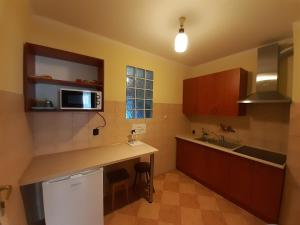 eine Küche mit einer Arbeitsplatte und einer Mikrowelle in der Unterkunft Bumerang pokoje gościnne in Ustronie Morskie