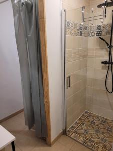 eine Dusche mit Glastür im Bad in der Unterkunft la grange in Coigneux