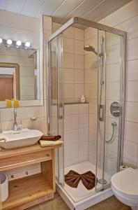bagno con doccia e lavandino di Hotel Brunnenhof a Bayerisch Eisenstein