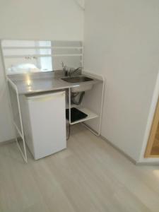 eine kleine weiße Küche mit einer Spüle und einem Kühlschrank in der Unterkunft Märkischer Hof Hotel in Berlin