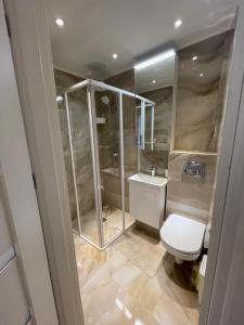 La salle de bains est pourvue d'une douche et de toilettes. dans l'établissement Livinga Lovely 1-bedroom apartment, à Mažeikiai