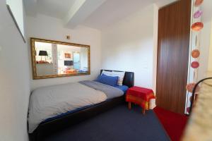 a small bedroom with a bed and a mirror at Freundliche Ferienwohnung (Souterrain) mit Gartenmitbenutzung im Haus Lotus in Bad Urach