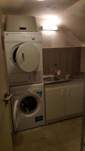 eine Küche mit einer Waschmaschine und einem Waschbecken in der Unterkunft Maison de montagne in Latour-de-Carol
