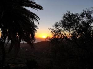 a sunset on a hill with trees in the foreground at Apartamento Pirul in Haría
