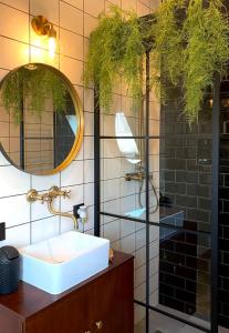 uma casa de banho com um lavatório e um espelho em B&B Gasthuisstraat Dokkum em Dokkum