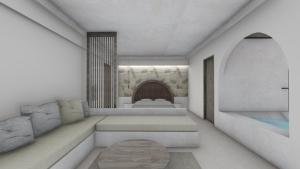 a rendering of a bedroom with a bed and a fireplace at Karlovasi Studios in Karlovasi