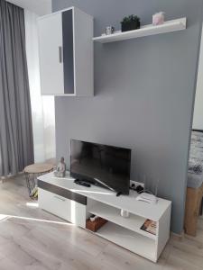 a white entertainment center with a flat screen tv at Apartmány Meghan in Podhájska