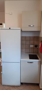 a kitchen with a white refrigerator and a stove at Via Pioppa 24 in Ferrara