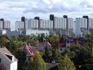 a city skyline with tall buildings in the background at Workbase Hostel in Vienna