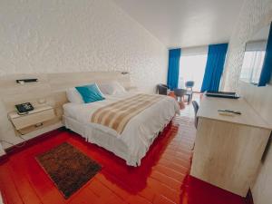 1 dormitorio con 1 cama grande con cortinas azules y escritorio en Panamericana Hotel Arica, en Arica