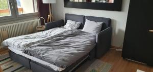 ein Bett mit zwei Kissen auf einem Zimmer in der Unterkunft 2 pièces équipé avec parking privé in Gryon