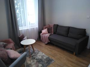 uma sala de estar com um sofá e uma mesa em Apartament JOANNA em Sanok
