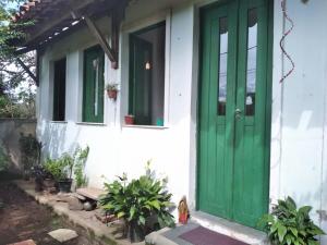 a green door on a white house with plants at Casa Relva in Lençóis