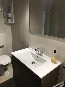 ein Badezimmer mit einem Waschbecken, einem WC und einem Spiegel in der Unterkunft Casa Circular Norte in Nazaré