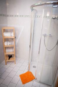 una doccia con porta in vetro in bagno di Weinbau Pronegg vlg. Krainz a Leutschach