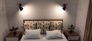 a bedroom with a bed with two night stands and lights at Long Beach Apartment in Ulcinj