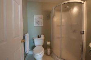 a bathroom with a toilet and a glass shower at Hastings House Bed & Breakfast in Hastings