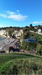 a view of a hill with a harbor and a beach at No 27 A dog friendly rural coastal chalet in Seaton