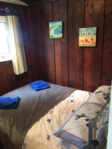 sypialnia z łóżkiem w pokoju z drewnianymi ścianami w obiekcie No 27 A dog friendly rural coastal chalet w mieście Seaton