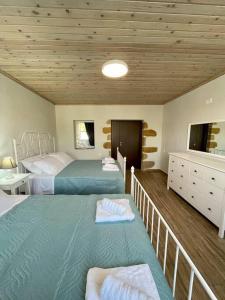 1 dormitorio con 2 camas y techo de madera en Villa Eftychia, en Kissamos