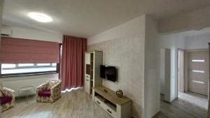 a living room with a tv and a couch and a chair at Apartament Matei in Tulcea
