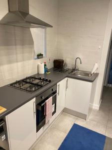 a kitchen with a sink and a stove top oven at Rodney Parade Mews in Newport