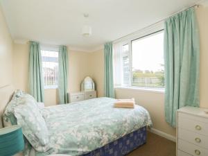 a bedroom with a bed with blue curtains and a window at Sheppard's Hut in Terrington Saint Clement