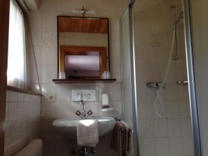 a bathroom with a sink and a shower at Hotel Erika in Arzl im Pitztal