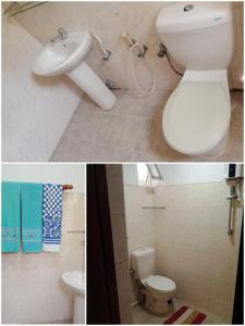 a bathroom with a white toilet and a sink at 'Franklyn', Homestay in Kalutara