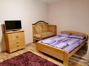 a bedroom with a crib and a tv on a dresser at Jumiko Apartments in Vrnjačka Banja
