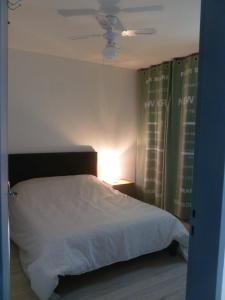 - une chambre avec un lit et un ventilateur de plafond dans l'établissement Tropical Love, à Étang-Salé les Bains
