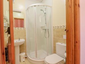 a bathroom with a shower and a toilet and a sink at Hayloft Cottage in Little Glenham +18 photos