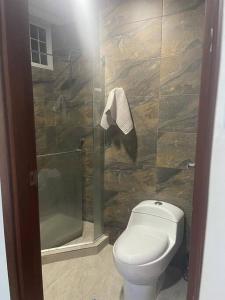 a bathroom with a toilet and a shower at Casa Vacacional Villanueva in Villanueva