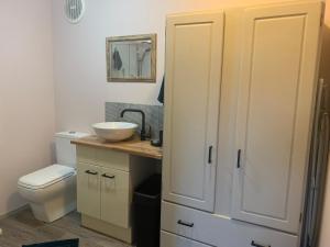 La salle de bains est pourvue d'un lavabo, de toilettes et d'un miroir. dans l'établissement Opanuku Out West, à Auckland