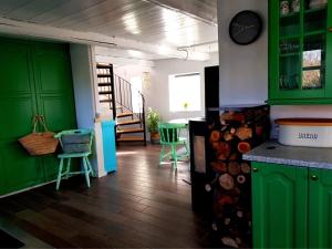 TranekærBeachhouse Langeland 20 m to private Beach的厨房配有绿色橱柜和桌椅