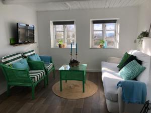 TranekærBeachhouse Langeland 20 m to private Beach的客厅配有绿色椅子和白色沙发