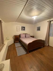 een slaapkamer met een bed en een houten vloer bij Maison de casteljaloux 9 personnes in Casteljaloux