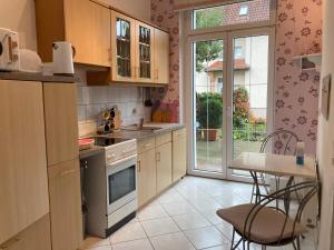 a kitchen with a stove and a table with chairs at Simply Good Appartment in Borna