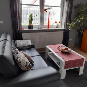 a living room with a couch and a table at Appartment am Fingerhut in Cloppenburg