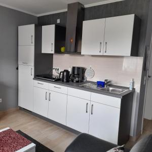 een keuken met witte kasten en een wastafel bij Appartment am Fingerhut in Cloppenburg