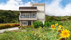a house on a hill with a field of flowers at 三仙台心悅民宿 in Mei-sha-lu