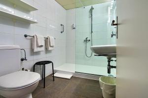 a bathroom with a shower and a toilet and a sink at Hotel Luna Garni in Ascona