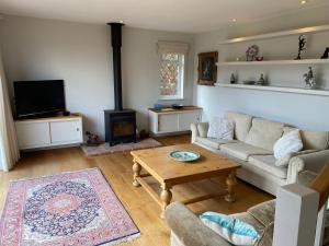 sala de estar con sofá y chimenea en East Park Lodge, en Cowes