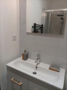ein weißes Badezimmer mit einem Waschbecken und einem Spiegel in der Unterkunft Bienvenue chez Seamora et Maelia in Saint Etienne