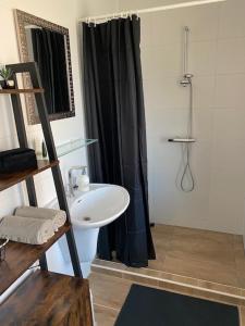a bathroom with a white sink and a shower at Studioverhuur Vlissingen in Vlissingen