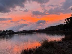 a sunset over a body of water with trees at Poss' Place in Rocky Cape