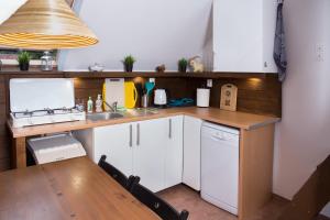 a kitchen with a counter and a sink and a table at Nad Dunajcem in Sromowce Niżne